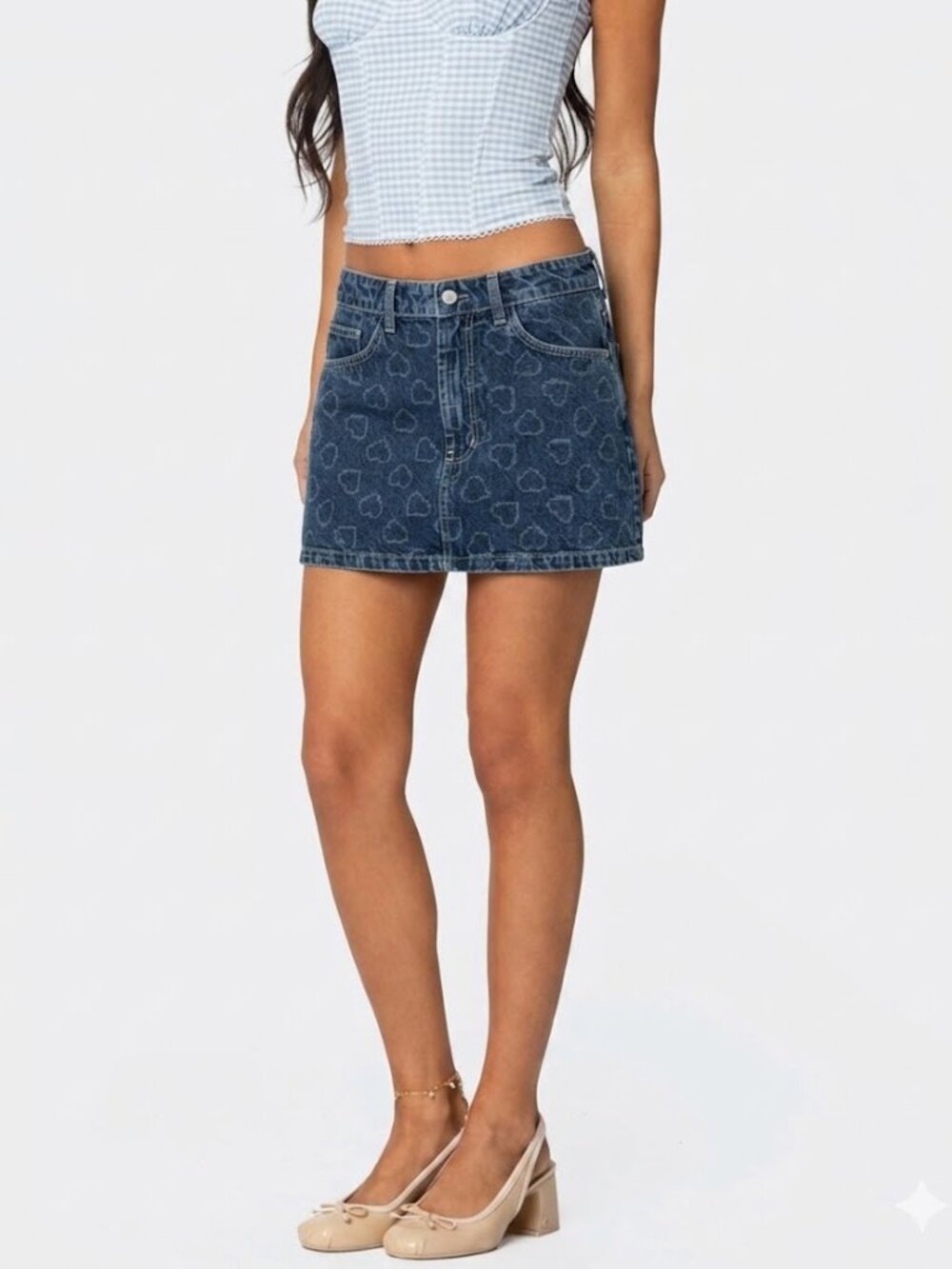NWT Cotton On Dark Wash Denim Mini Skirt with Heart Detail Size XS